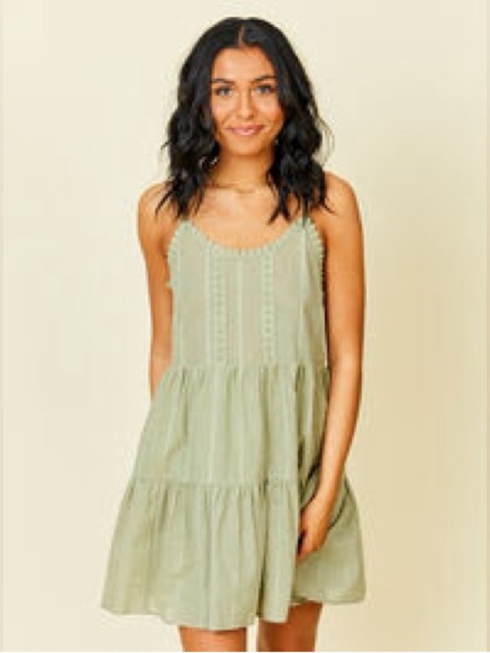 Altar'd State Sage Green Tiered Spaghetti-Strap Mini Dress
